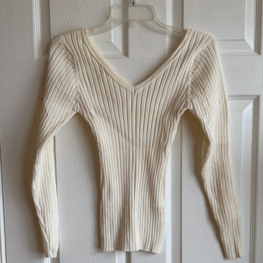 SHEIN Cream V-Neck Ribbed Sweater
